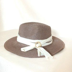 Women Straw Hat Mesh Butter Gold Trim Beach Sun Summer Adjustable One Size Brown